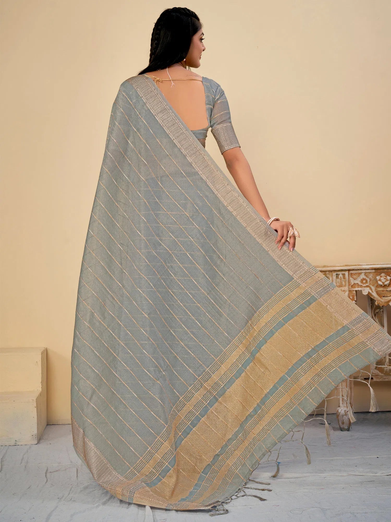 Saree Mall Women's Cotton  Grey Woven Design Designer Saree With Blouse Piece-LINOMA02B Feminine Tie Blouse