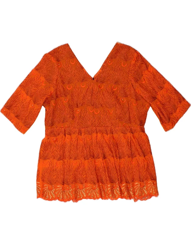 VINTAGE Womens Abstract Pattern Blouse Top UK 16 Large Orange Floral Print Blouse