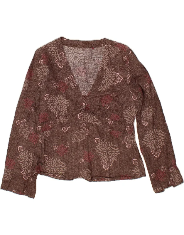 VINTAGE Womens Blouse Top UK 12 Medium Brown Floral Linen Chic Square Blouse