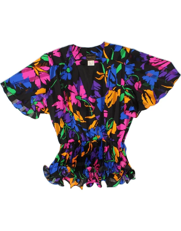 SIMON ELLIS Womens Blouse Top UK 10 Small Black Floral Polyester Balloon Sleeve Blouse