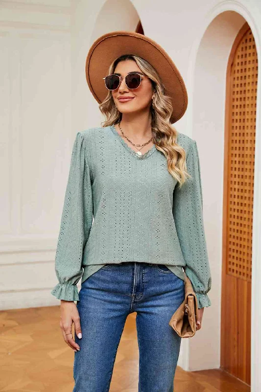 V-Neck Flounce Sleeve Blouse Elegant Lace Blouse