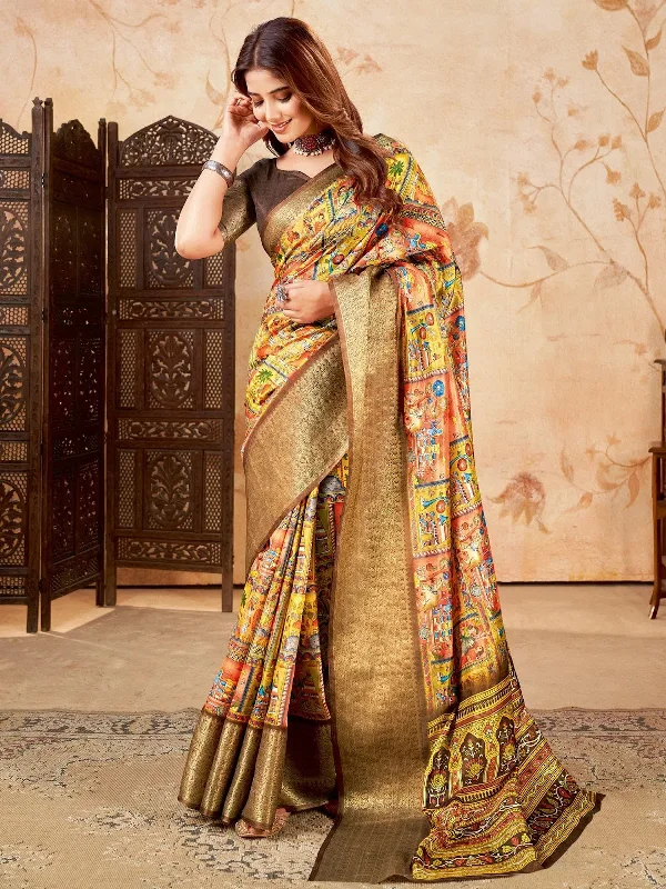 Saree Mall Women's Cotton Blend Yellow Printed Designer Saree With Blouse Piece-ENISA105 Stretchy Fitted Blouse