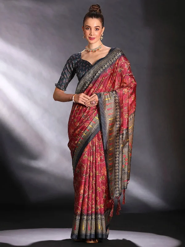 Saree Mall Women's Cotton Blend Maroon Printed Designer Saree With Blouse Piece-KOZI204 Boho Printed Blouse