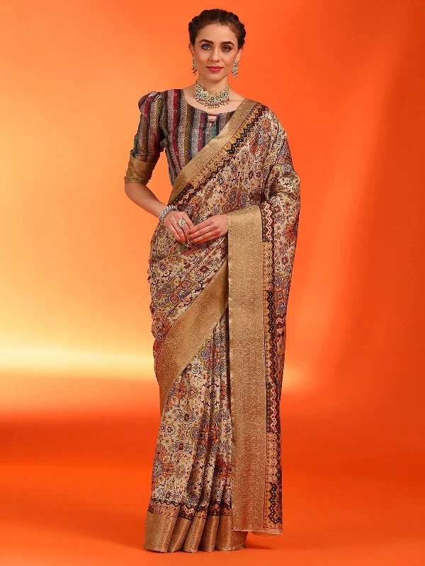 Saree Mall Women's Dola  Cream Printed Designer Saree With Blouse Piece-ANTRIKSA103 Casual Stripe Blouse