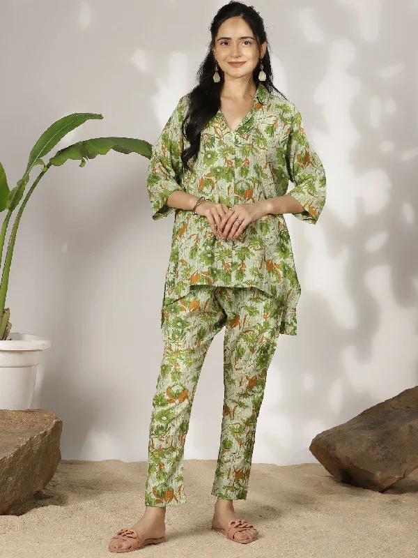 GreenFloral Cotton ShirtTop & Pants-- Wool Fabric Cashmere Fabric Tweed Fabric