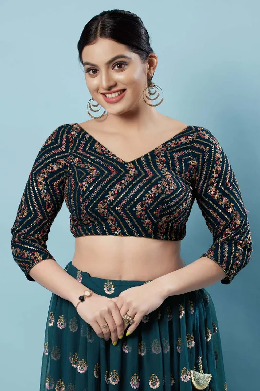 Teal Silk Embroidered Three-Quarter Sleeves Blouse Ruffled Neck Blouse
