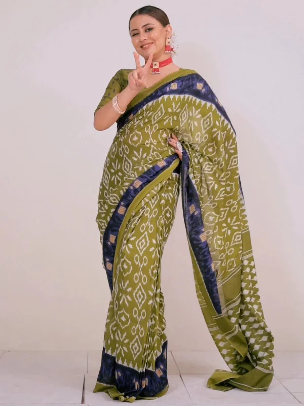 Saree Mall Women's Cotton Olive Printed Ready To Wear With Blouse Piece-RTWMINAXI4201 Vintage Lace Blouse