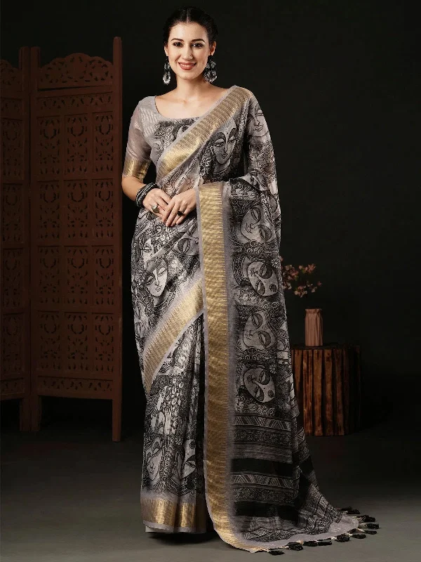 Saree Mall Women's Organza Grey Printed Designer Saree With Blouse Piece-SALILA142 Vintage Lace Blouse