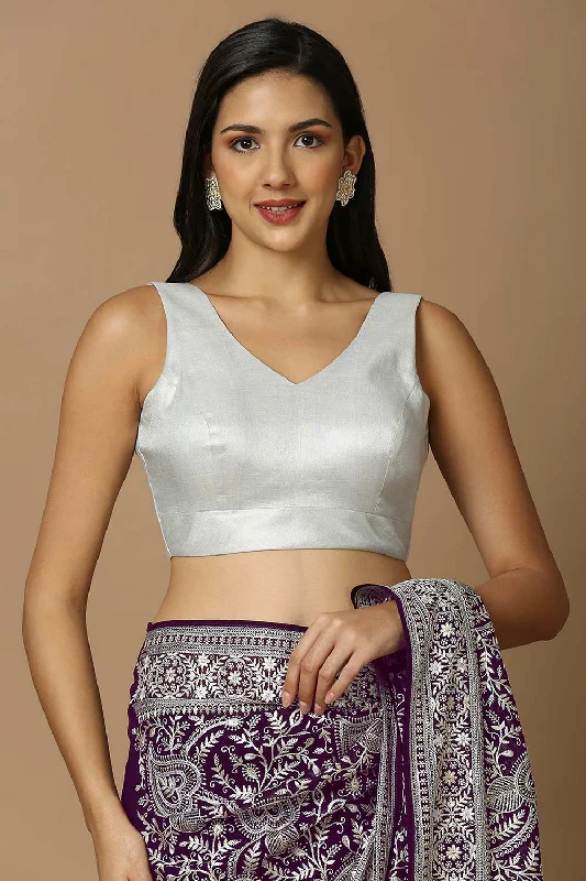 Silver Silk Sleeveless Padded Blouse Mandarin Collar Blouse