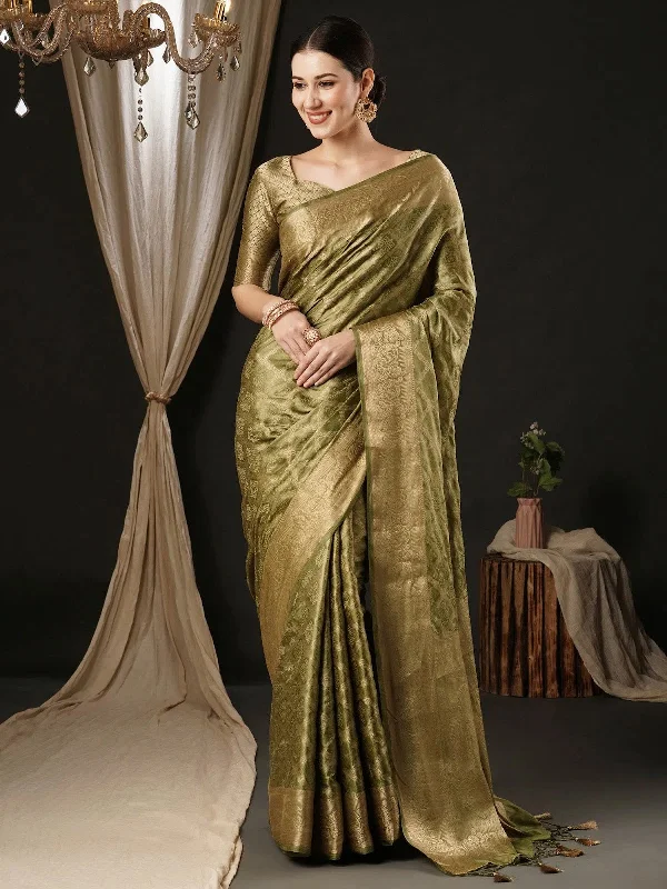Saree Mall Women's Satin  Olive Woven Design Designer Saree With Blouse Piece-AQRIUS02B Feminine Tie Blouse
