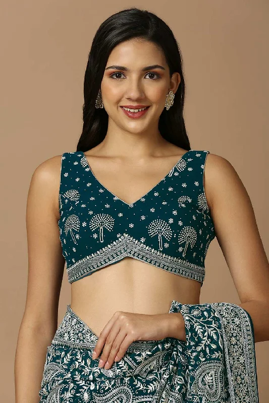 Turquoise Velvet Sleeveless Padded Blouse Floral Print Blouse