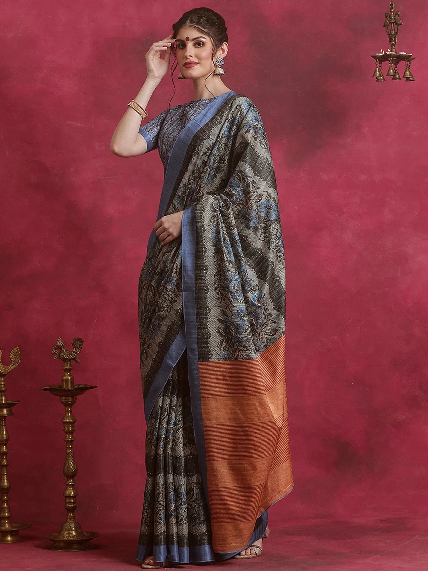 Saree Mall Women's Cotton Blend Grey Printed Designer Saree With Blouse Piece-HIBRO106B Silky Tunic Blouse