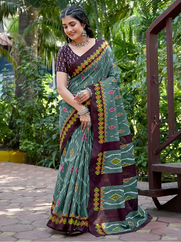 Saree Mall Women's Cotton Sea Green Printed Designer Saree With Blouse Piece-MINAXI3801 Wrap Front Blouse