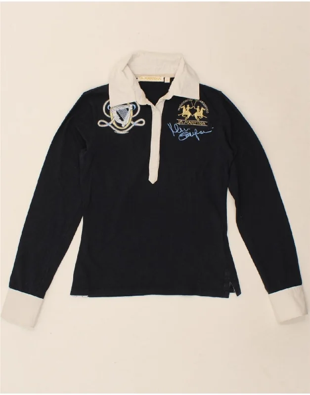 LA MARTINA Womens Graphic Rugby Polo Shirt UK 8 Small Navy Blue-- Polka Dot Checkered Tartan