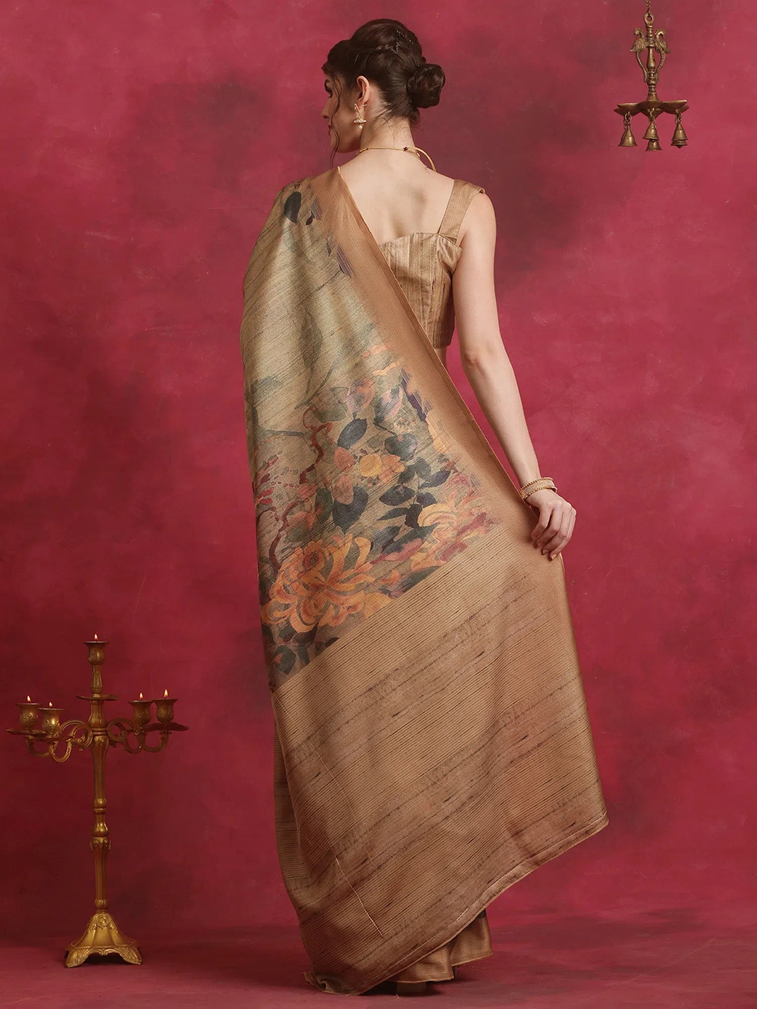 Saree Mall Women's Cotton Blend Brown Printed Designer Saree With Blouse Piece-HIBRO102C Frilled Cuff Blouse