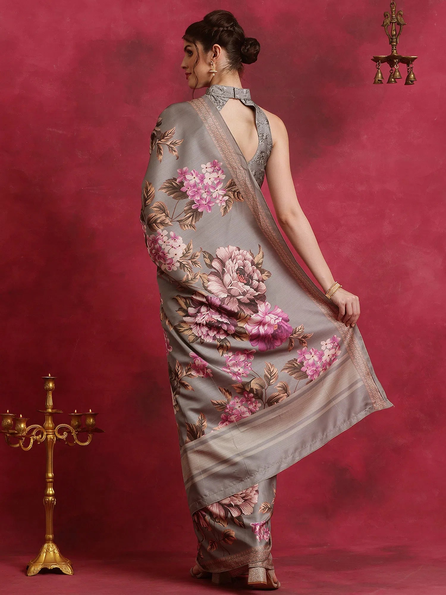 Saree Mall Women's Cotton Blend Grey Printed Designer Saree With Blouse Piece-HIBRO101B Feminine Ruffle Blouse