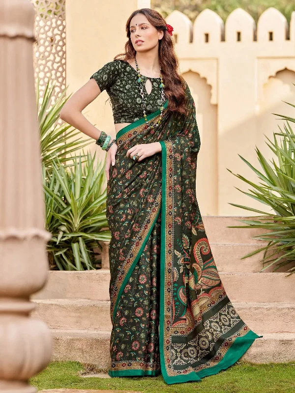 Saree Mall Women's  Blend Dark Green Printed Designer Saree With Blouse Piece-RPRANI103 Floral Chiffon Blouse