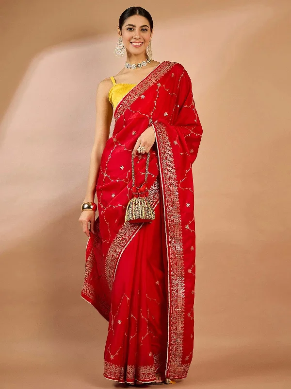 Saree Mall Women's Organza Red Embellished Designer Saree With Blouse Piece-SRENIK2097C Smart Business Blouse