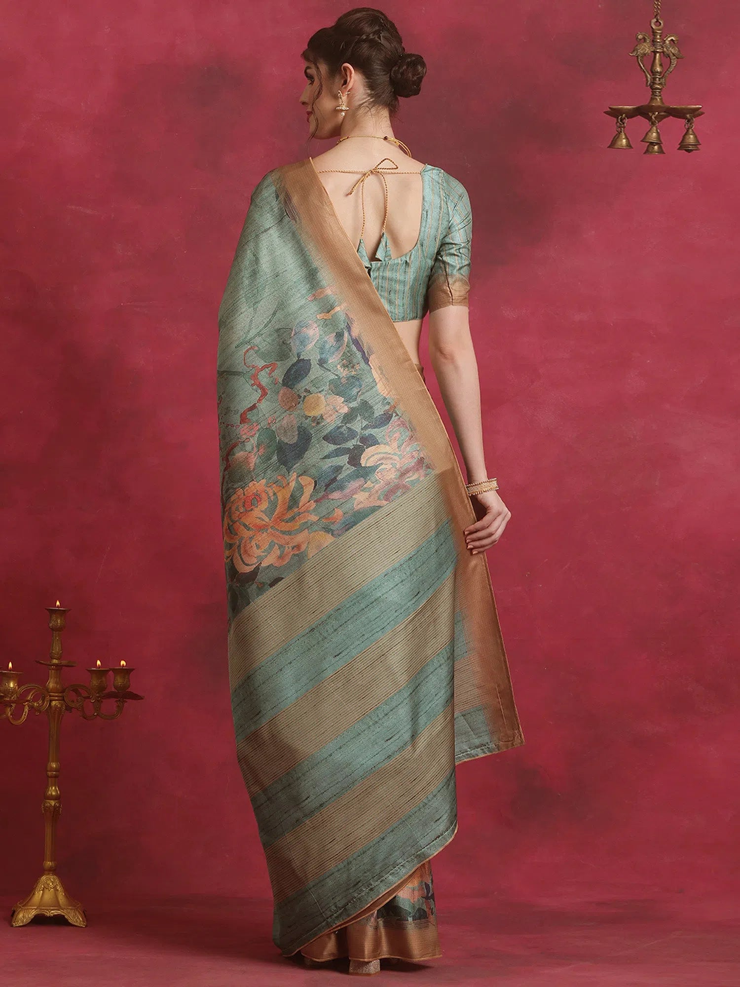 Saree Mall Women's Cotton Blend Sea Green Printed Designer Saree With Blouse Piece-HIBRO102A Casual Stripe Blouse