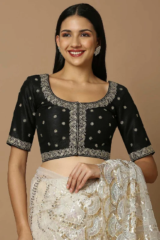 Black Silk Elbow Length Padded Blouse Lightweight Chiffon Blouse