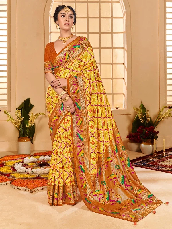 Saree Mall Women's Tussar  Yellow Printed Designer Saree With Blouse Piece-KESAR1005 Frilled Cuff Blouse