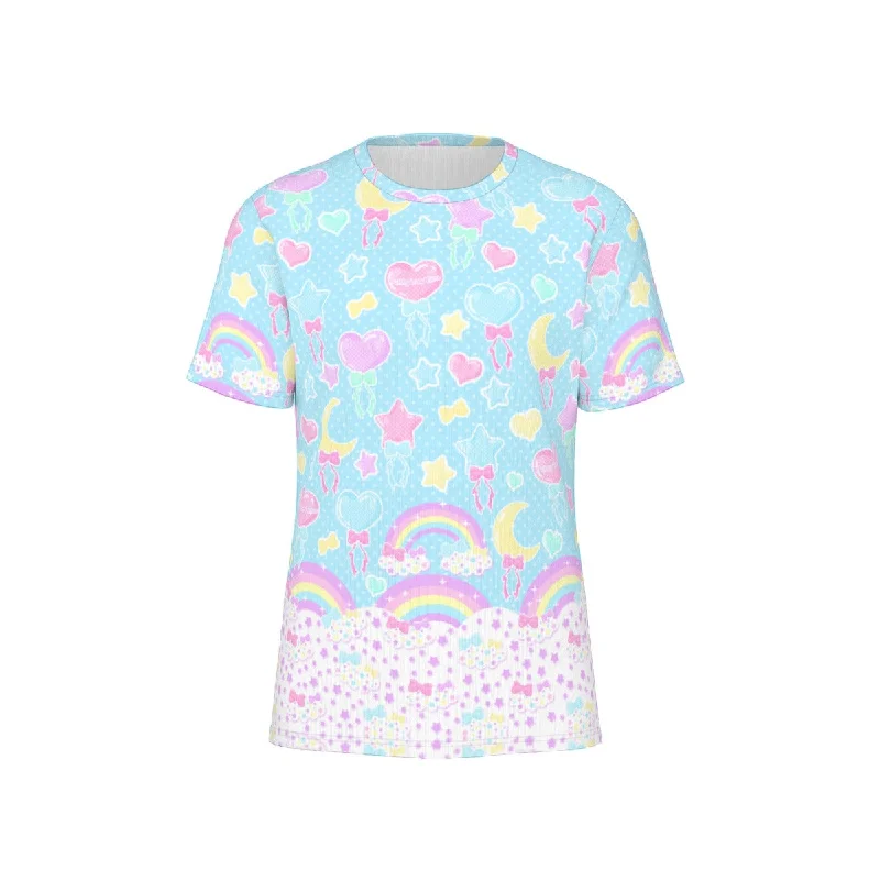 Pastel Party Unisex Cotton T-Shirt (Blue)-- Striped Floral Plaid