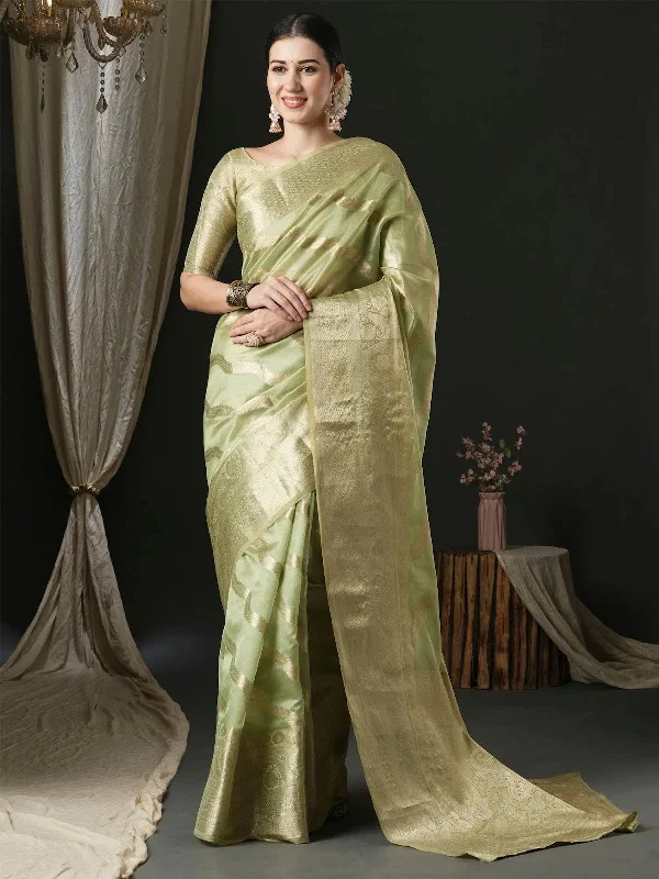 Saree Mall Women's Organza Light Green Woven Design Designer Saree With Blouse Piece-UNATI1005 Polished Work Blouse