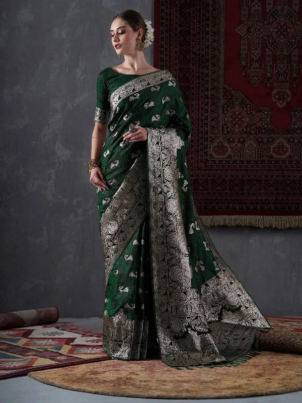 Saree Mall Women's Satin  Green Woven Design Designer Saree With Blouse Piece-KALASH3202 High Neck Blouse