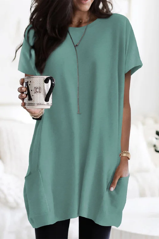Green Plain Pocket Loose Tunic Long T-Shirt-- Elasticated Padded Insulated