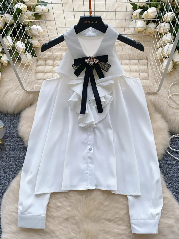 Ruffled Front Decorative Bow Elegance Blouse Embroidered Cotton Blouse