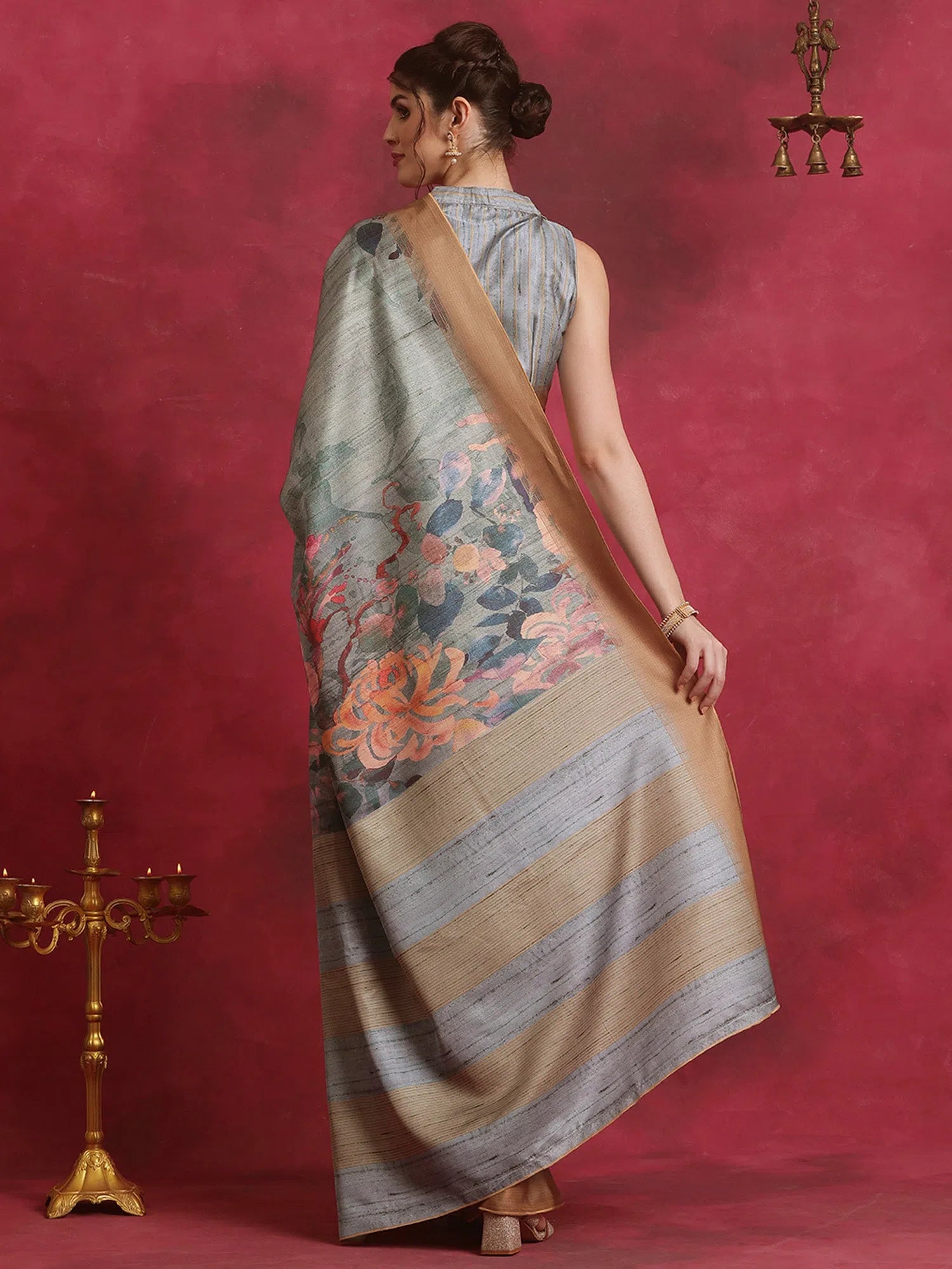 Saree Mall Women's Cotton Blend Grey Printed Designer Saree With Blouse Piece-HIBRO102D Flowy Bohemian Blouse