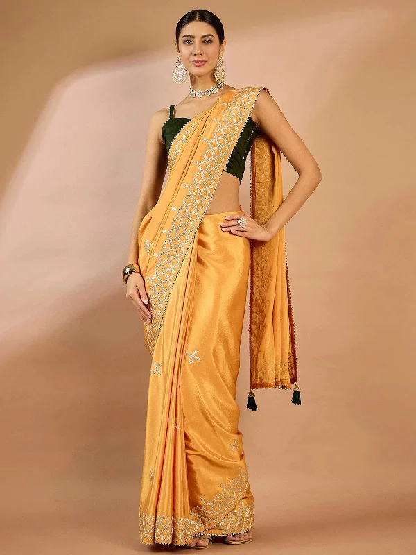 Saree Mall Women's Crepe Yellow Embellished Designer Saree With Blouse Piece-SRENIK1555C Satin Drape Blouse
