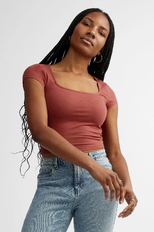T-shirt côtelé col carrée en coton - Femme-- Lace Blend Ribbed Blend Corduroy Blend