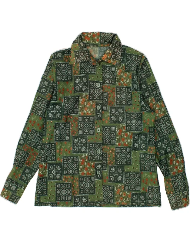 VINTAGE Womens Shirt Blouse UK 12 Medium Green Patchwork-- Real Fur Shearling Chenille