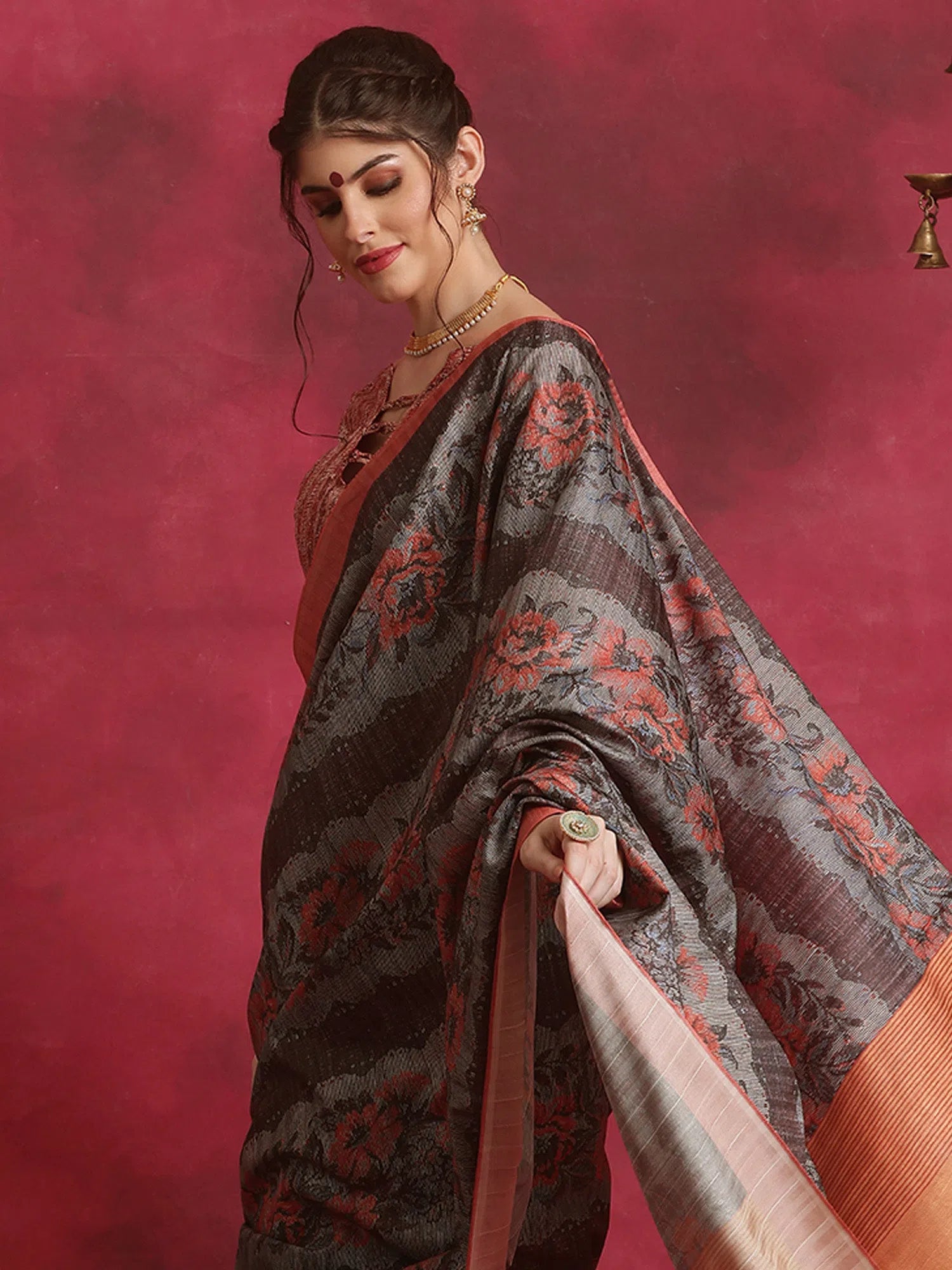 Saree Mall Women's Cotton Blend Grey Printed Designer Saree With Blouse Piece-HIBRO106A Balloon Sleeve Blouse