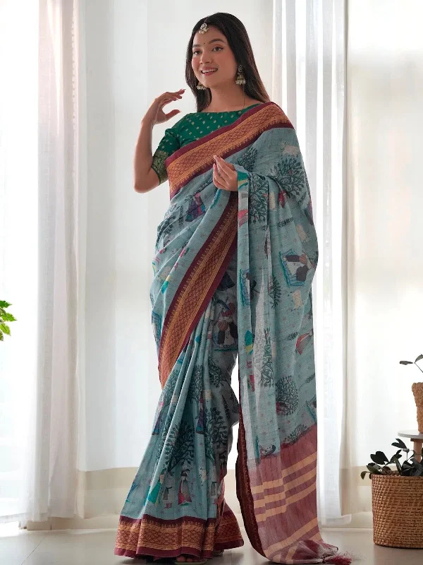 Saree Mall Women's  Blend Grey Printed Designer Saree With Blouse Piece-AAVYA2503 Loose Oversized Blouse