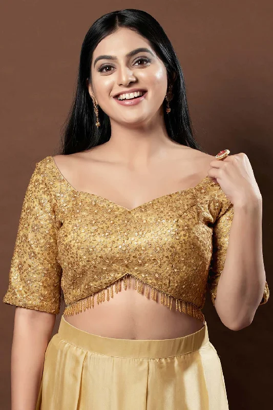 Gold Silk Embroidered Short Sleeves Blouse Cotton Casual Blouse