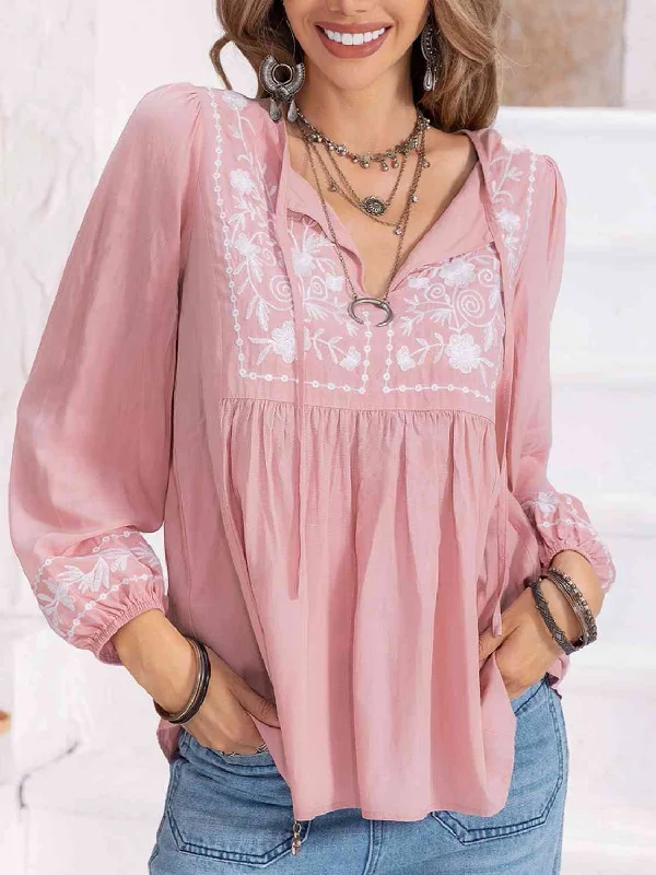 Floral Tie Neck Balloon Sleeve Blouse Peter Pan Blouse