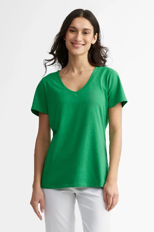 T-shirt col en V coupe semi-ajustée en coton - Femme-- Striped Floral Plaid