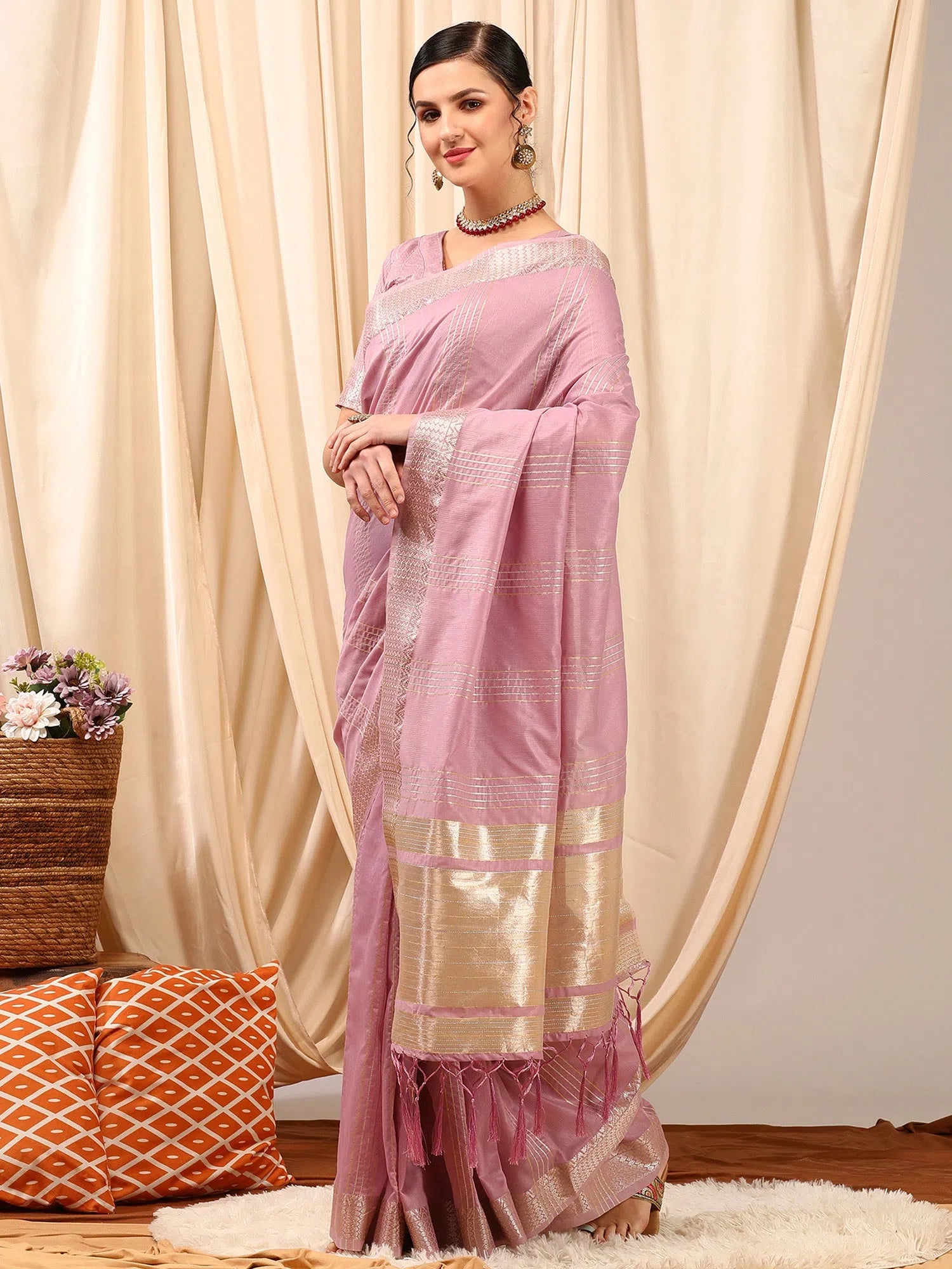 Saree Mall Women's Linen Mauve Woven Design Designer Saree With Blouse Piece-LINOMA05E Off-Shoulder Wrap Blouse
