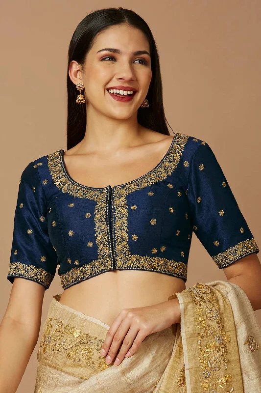 Blue Silk Elbow Length Padded Blouse Casual Button Blouse