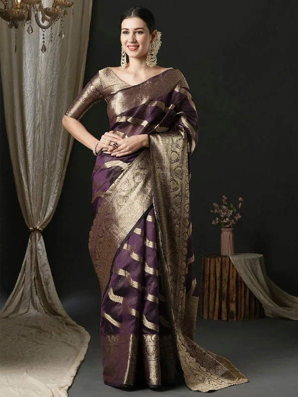 Saree Mall Women's Organza Purple Woven Design Designer Saree With Blouse Piece-UNATI1001 Flowy Bohemian Blouse