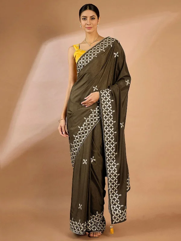 Saree Mall Women's Crepe Olive Embellished Designer Saree With Blouse Piece-SRENIK1555B Semi-Sheer Blouse
