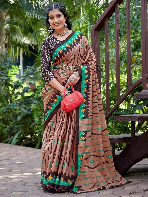 Saree Mall Women's Cotton Brown Printed Designer Saree With Blouse Piece-MINAXI3701 Pleated Collar Blouse