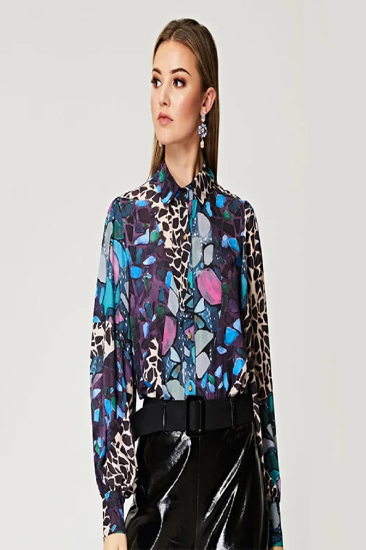 Angeleye Multi Print Short Chiffon Blouse Casual Button Blouse