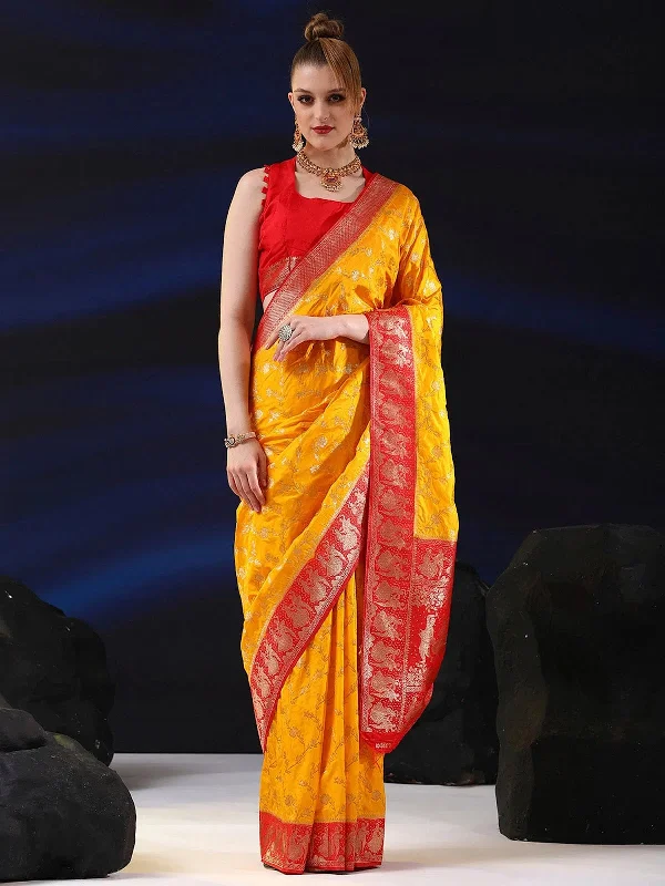 Saree Mall Women's  Blend Yellow Woven Design Designer Saree With Blouse Piece-SGITRIUS03C Stretchy Fitted Blouse