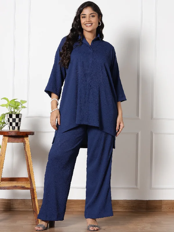 Navy Textured ShirtTop & WaistbandPalazzo-- Elegant Classic Vintage