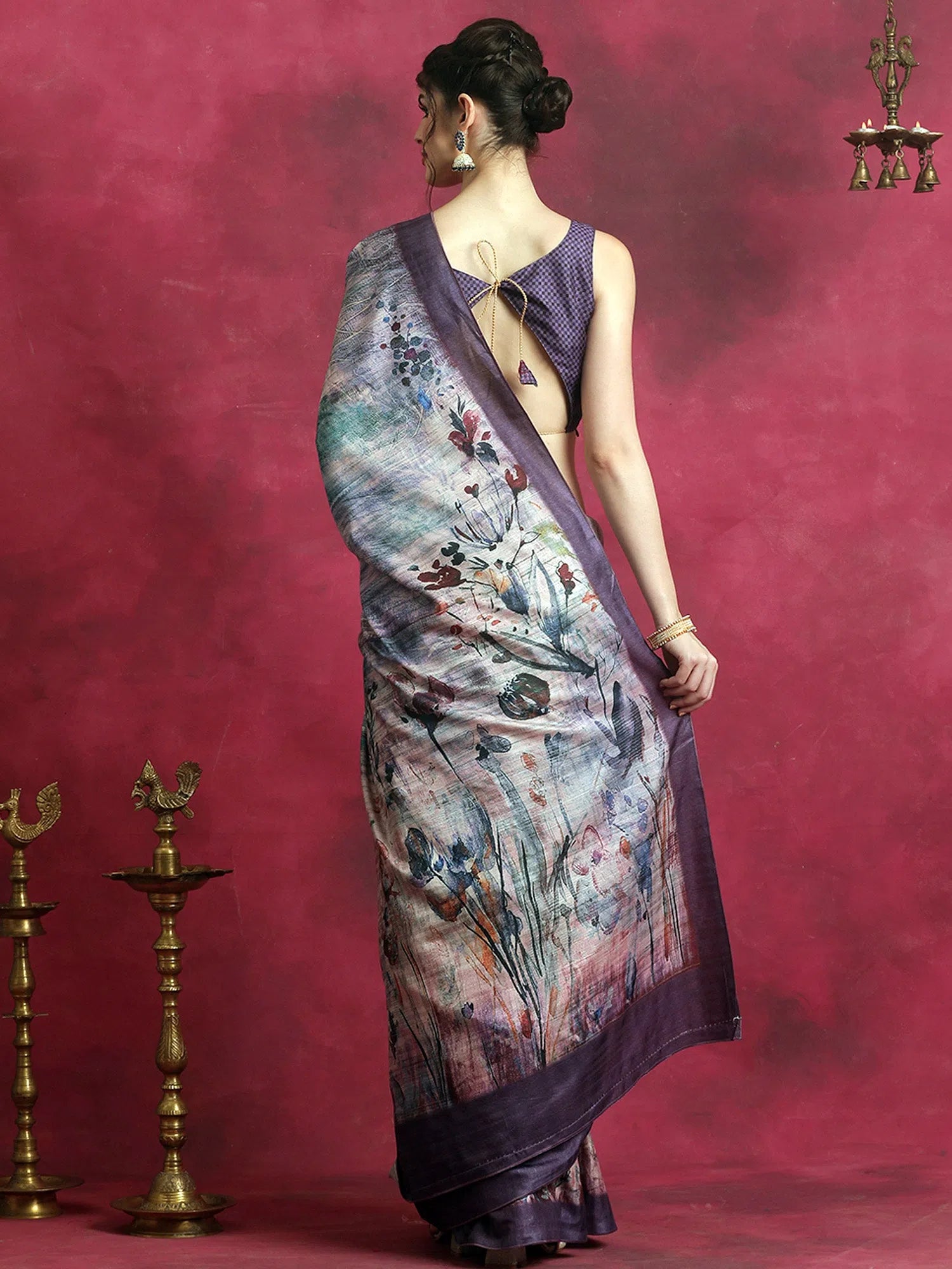 Saree Mall Women's Cotton Blend Violet Printed Designer Saree With Blouse Piece-HIBRO104A Elegant Semi-Sheer Blouse