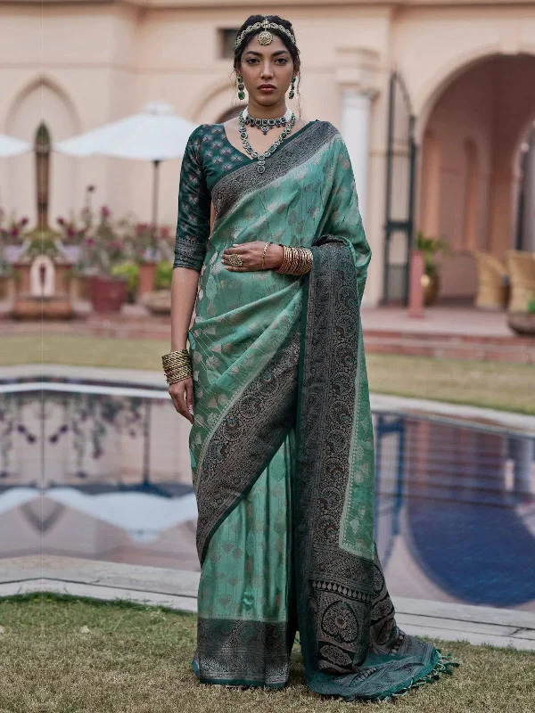 Saree Mall Women's  Blend Sea Green Woven Design Designer Saree With Blouse Piece-KASHA2003 Casual Stripe Blouse