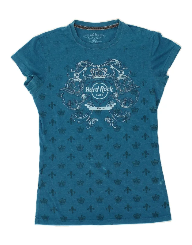 HARD ROCK CAFE Womens Destin Graphic T-Shirt Top UK 12 Medium Blue Cotton-- Satin Fabric Silk Fabric Chiffon Fabric